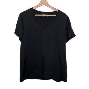 Theory Dayne WB Drapey Satin Silk Womens Medium Black V- Neck Short Sleeve